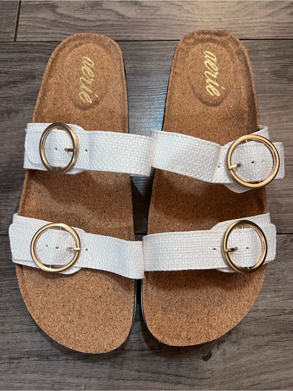 aerie White Double-Buckle Cork Footbed Sandals with Gold Buckles
